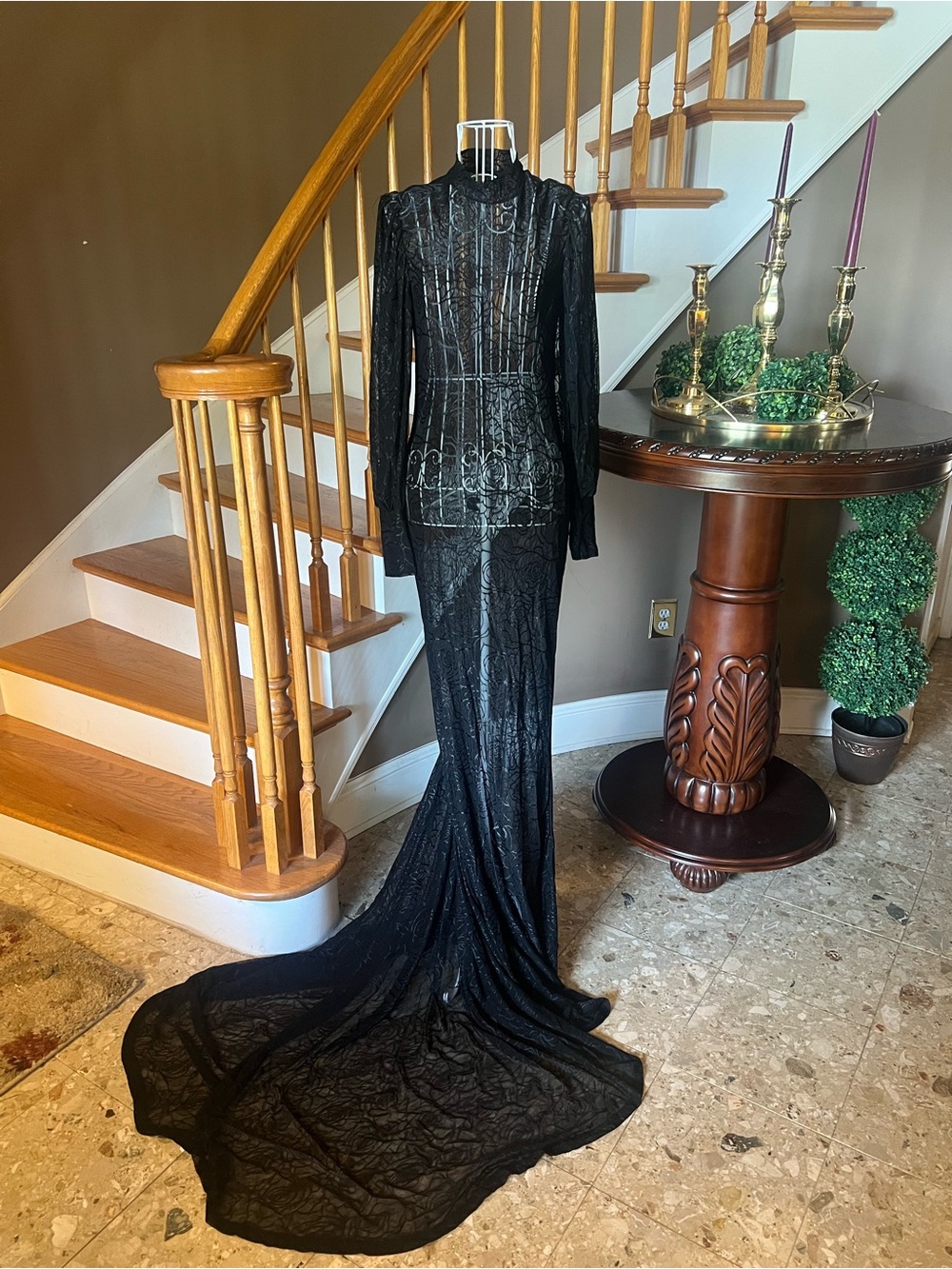Black Floral Lace High Neck Overlay Gown Witch Goth Whimsigoth Vamp Victorian M